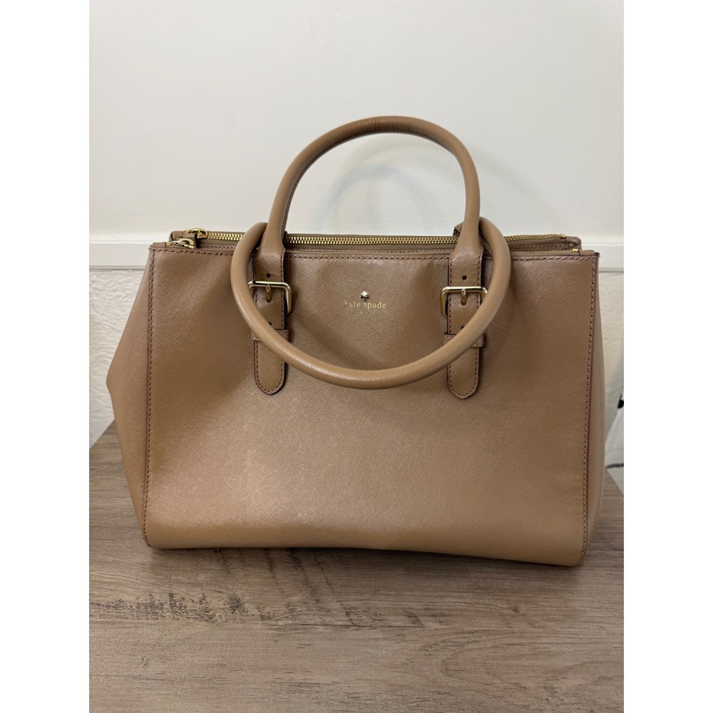 Kate Spade Satchel Womens Medium Tan Saffiano Leather Triple Compartment Bag